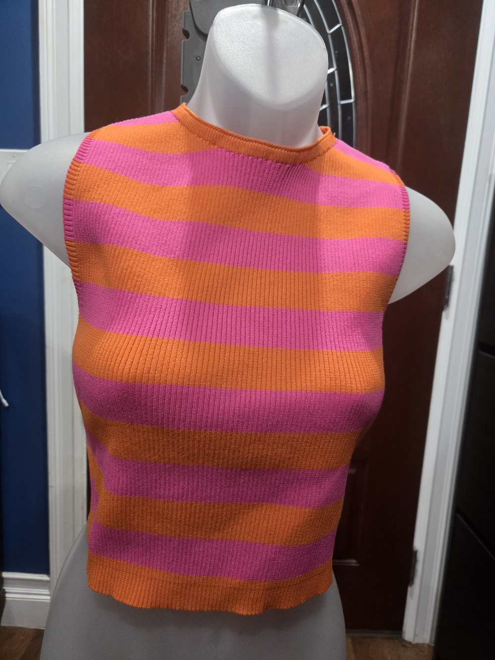 PrettyLittleThing Pink & Orange Striped Ribbed Tank, L
